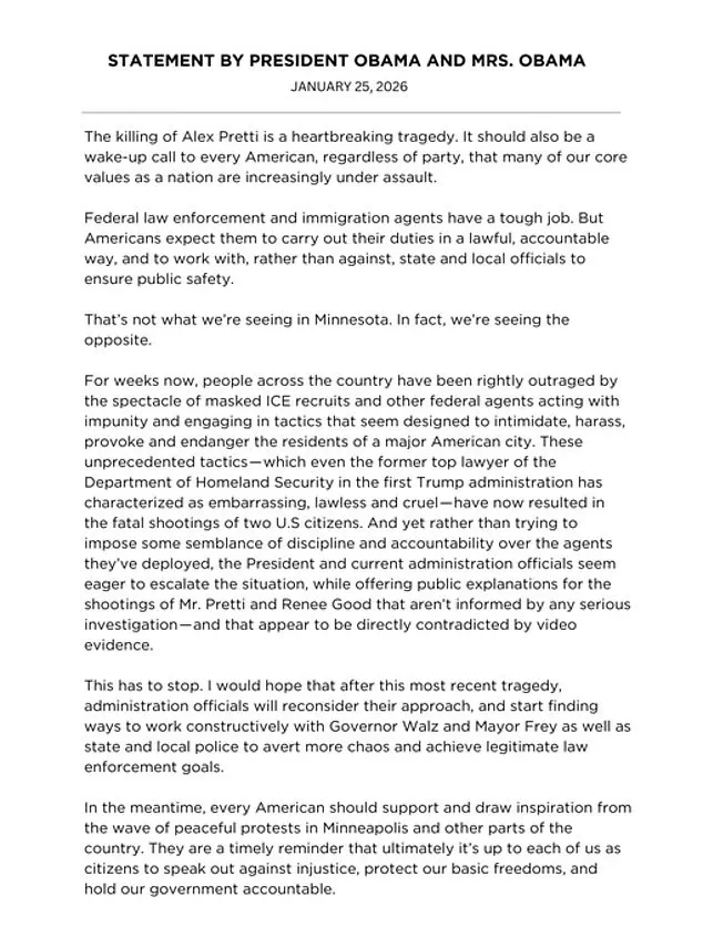 Obama Issues Rare Rebuke of Trump Administration Over Minnesota Shootings, Calls for Urgent Accountability