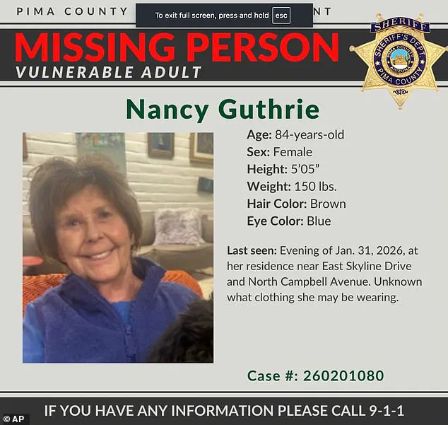 84-Year-Old Nancy Guthrie Abducted in Tucson: Search Intensifies as Time Runs Out