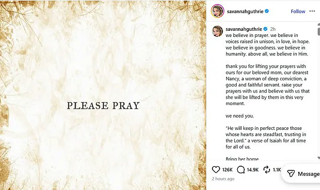 Savannah Guthrie Pleads for Prayers as Mother Remains Missing in Tucson