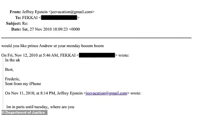 Jeffrey Epstein's 2010 Email Invites Prince Andrew to 'Monday Boom Boom' Event, Released by DOJ