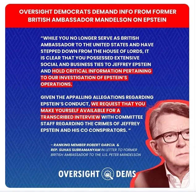 Democrats Intensify Demands for Mandelson Testimony as New DOJ Documents Reveal Epstein Ties