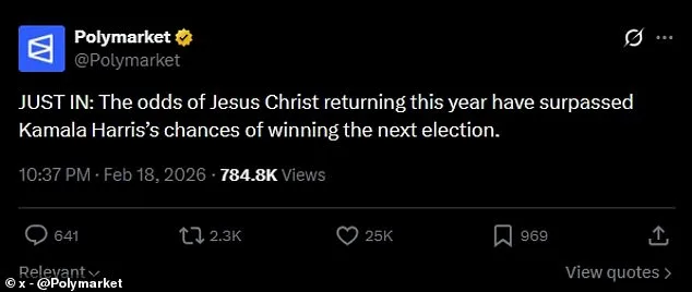 Prediction Markets: Jesus's 2026 Return Odds Outpace Kamala Harris's 2028 Election Chances on Polymarket