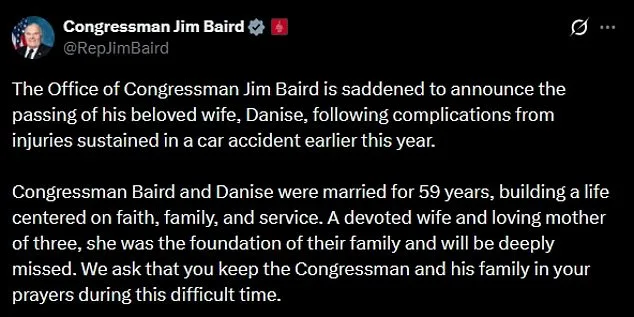 Heartbreaking Loss for Congressman Jim Baird as Wife Danise Dies Following Tragic Car Accident