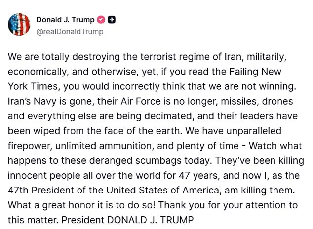 Trump Claims U.S. Actions Have 'Totally Destroyed' Iran's Leadership Amid Escalation Rumors