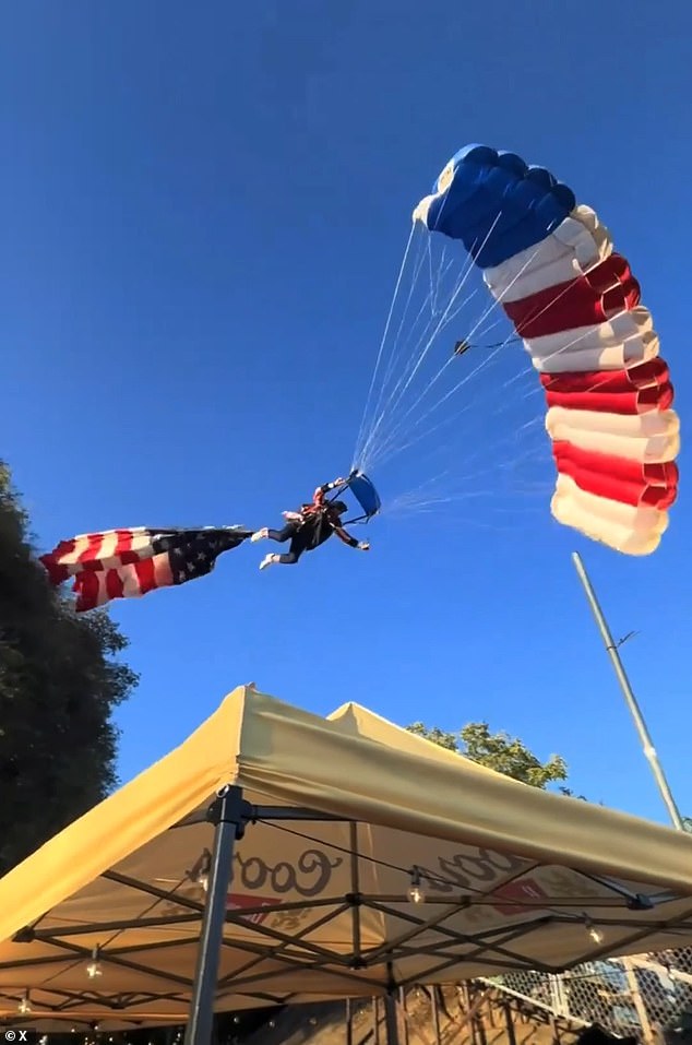 Skydiver crashes into rodeo tent after flag snagged on tree.