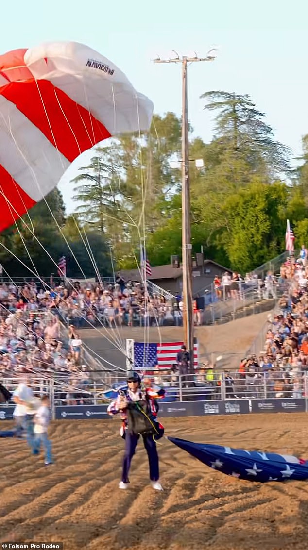 Skydiver crashes into rodeo tent after flag snagged on tree.